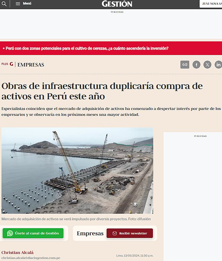 Obras de infraestructura duplicara compra de activos en Per este ao